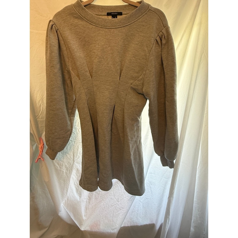 Forever 21 Gray Sweatshirt Dress Puff Sleeve Pleated Waist Mini Womens Medium